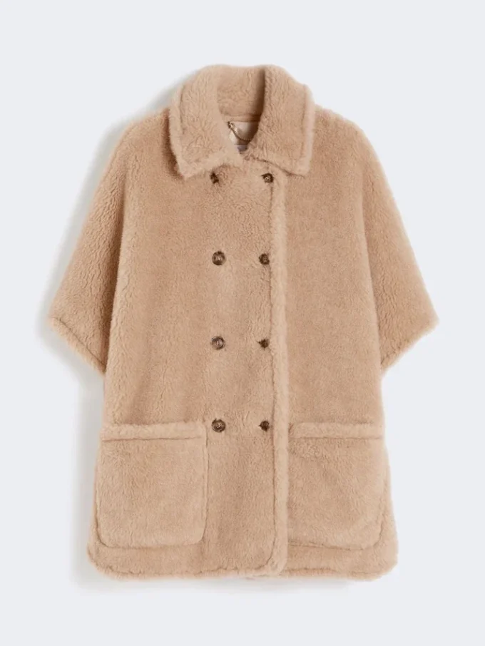 Alpaca and cashmere teddy fabric cape, beige
