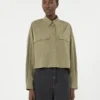 Asymmetrical washed cotton shirt, kaki