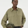 Asymmetrical washed cotton shirt, kaki