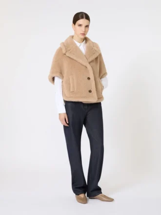 Boxy-fit alpaca and cashmere teddy fabric cape, beige