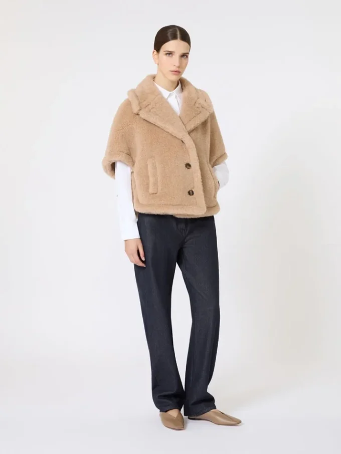 Boxy-fit alpaca and cashmere teddy fabric cape, beige