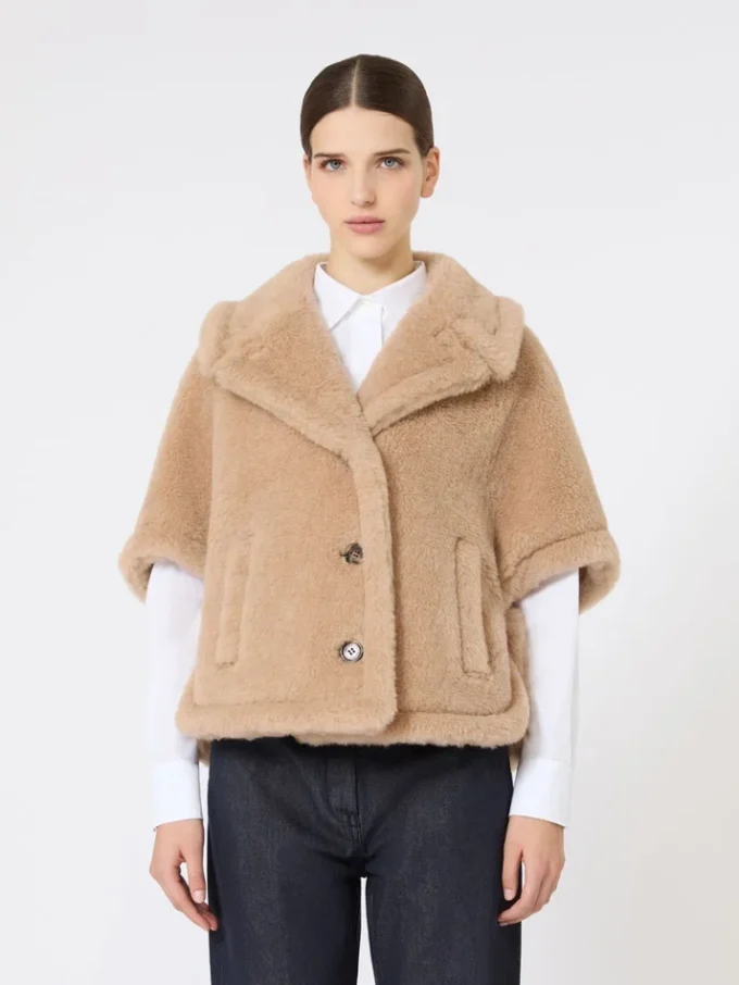 Boxy-fit alpaca and cashmere teddy fabric cape, beige