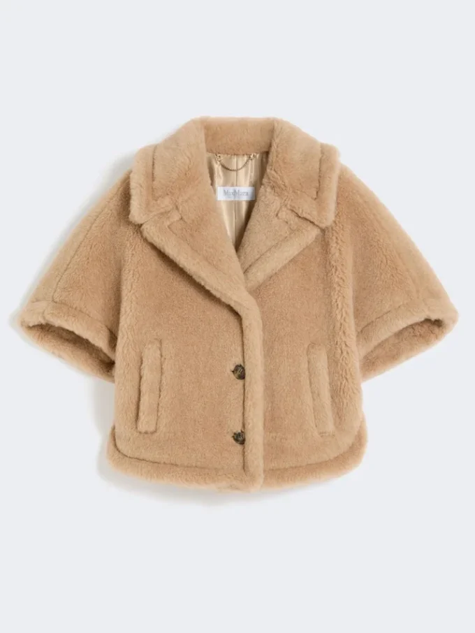 Boxy-fit alpaca and cashmere teddy fabric cape, beige