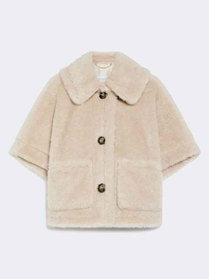 Cape in alpaca and wool teddy fabric, beige