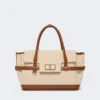 Cotton canvas and leather handbag, powder Cotton canvas and leather handbag, powder