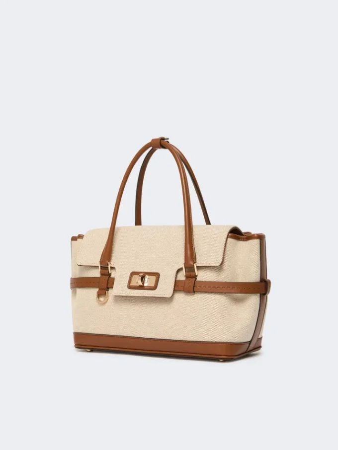 Cotton canvas and leather handbag, powder Cotton canvas and leather handbag, powder