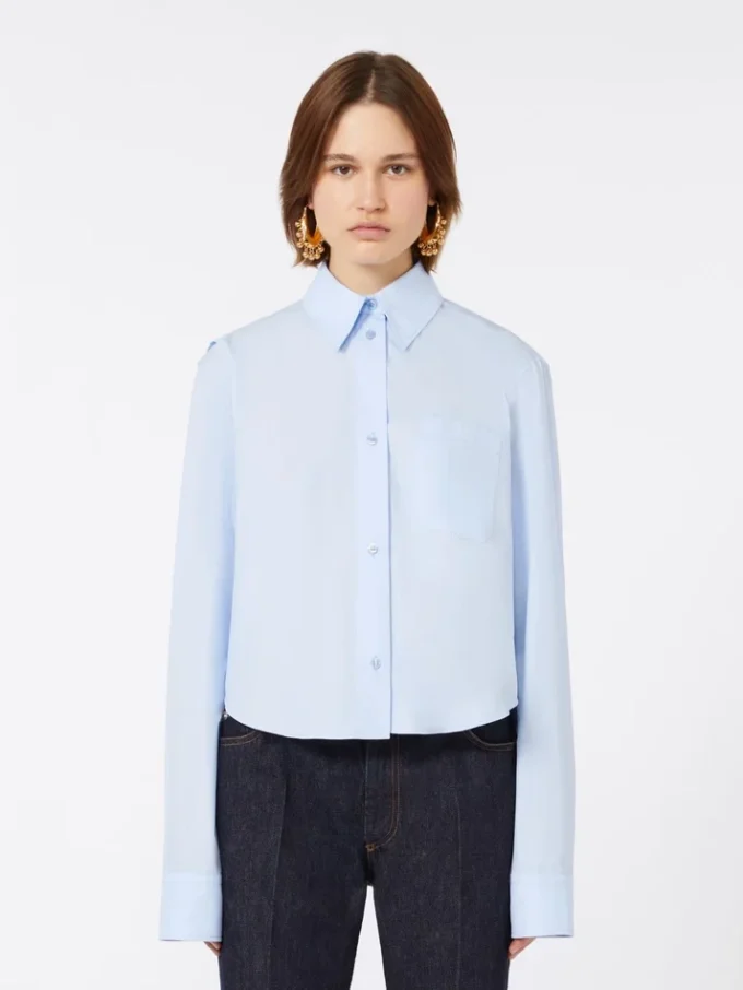 Cotton cropped shirt with pleated back, light blue