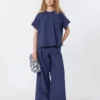 Cotton poplin crew-neck shirt, navy