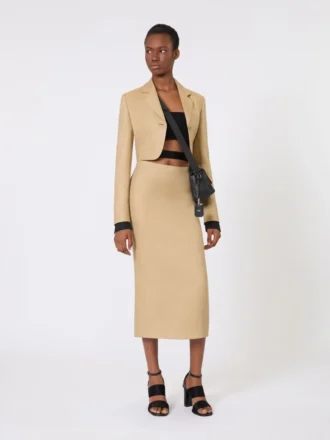 Cropped jacket in linen twill, camel