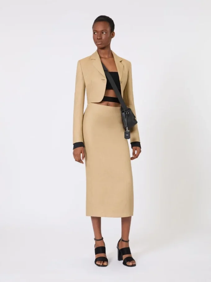 Cropped jacket in linen twill, camel