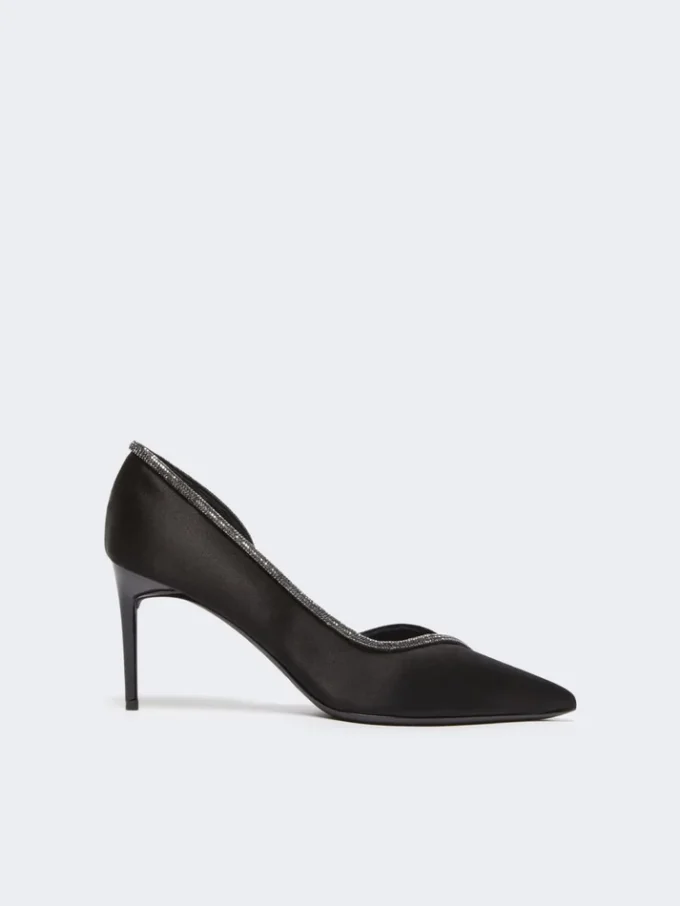 Crystal-adorned satin court shoes, black