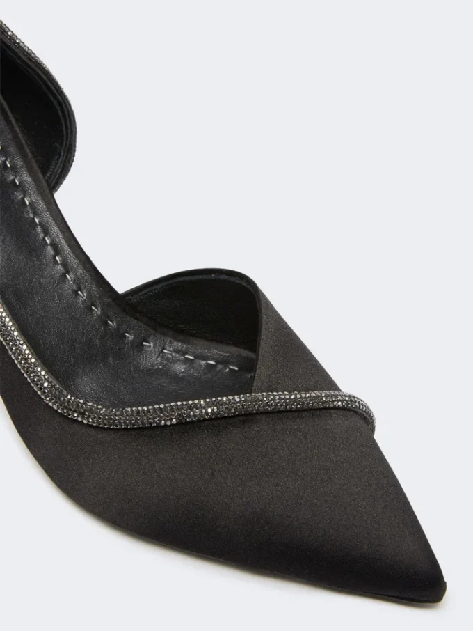 Crystal-adorned satin court shoes, black