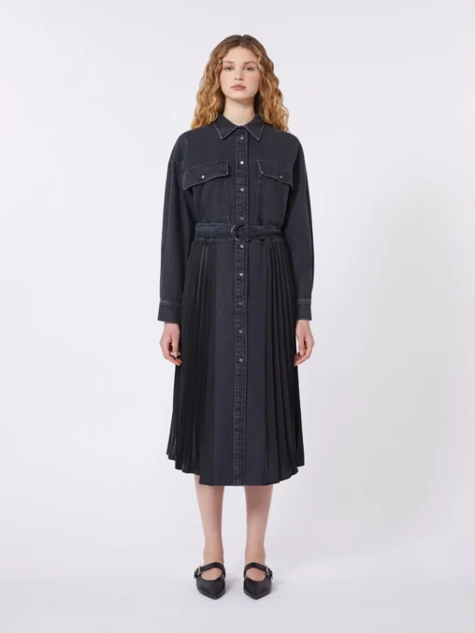 Denim and satin shirt dress, black Denim and satin shirt dress, black