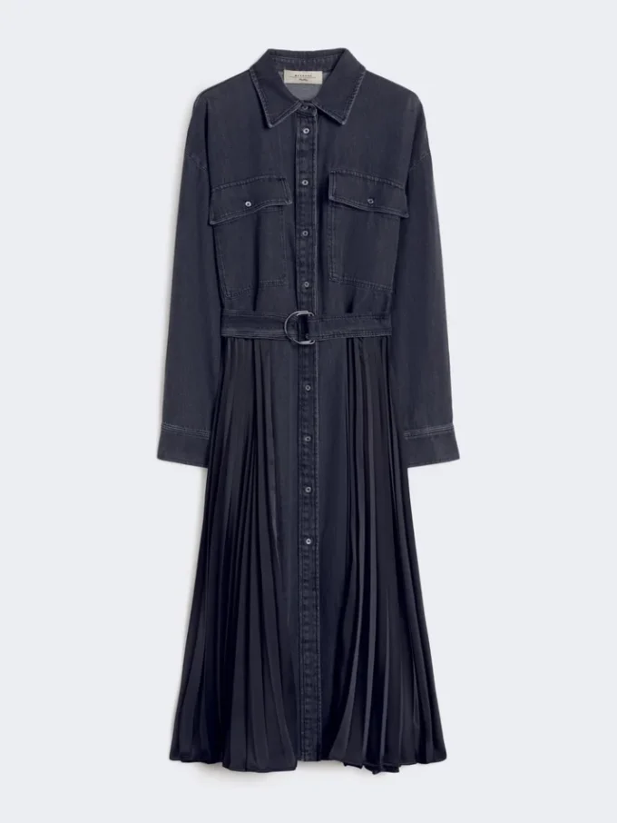 Denim and satin shirt dress, black Denim and satin shirt dress, black