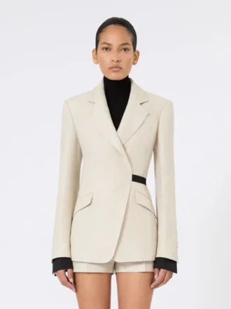 Double-breasted blazer in linen drill, sand