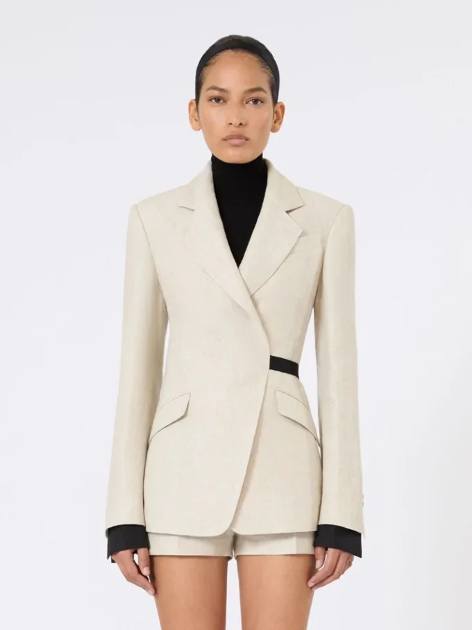 Double-breasted blazer in linen drill, sand