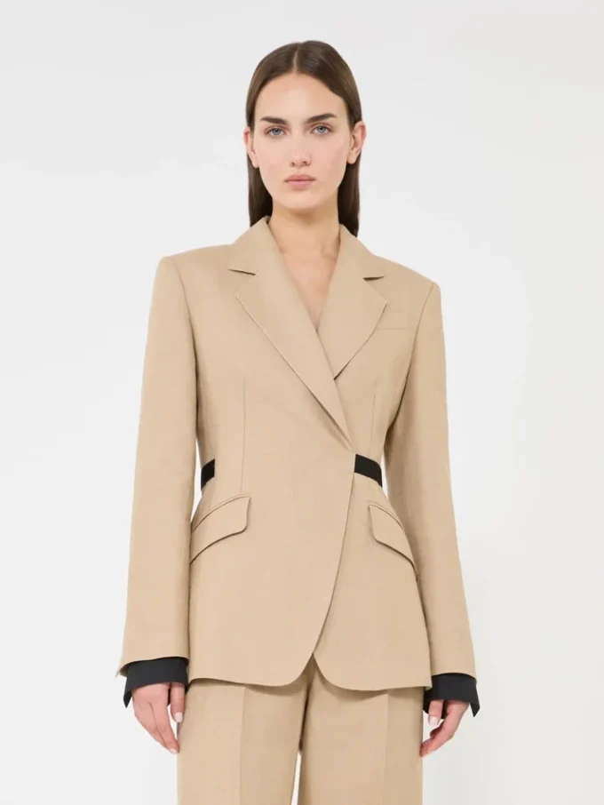 Double-breasted blazer in pure linen natta, camel Double-breasted blazer in pure linen natta, camel