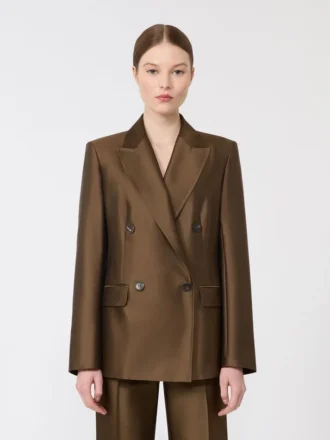 Double-breasted shantung blazer, kaki