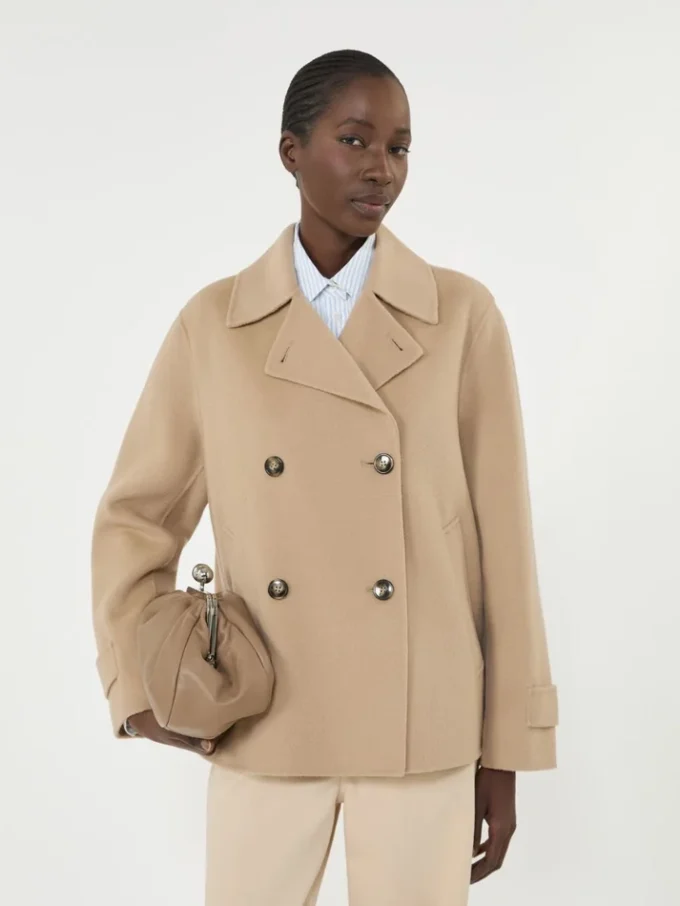 Double-breasted wool-blend pea coat, camel