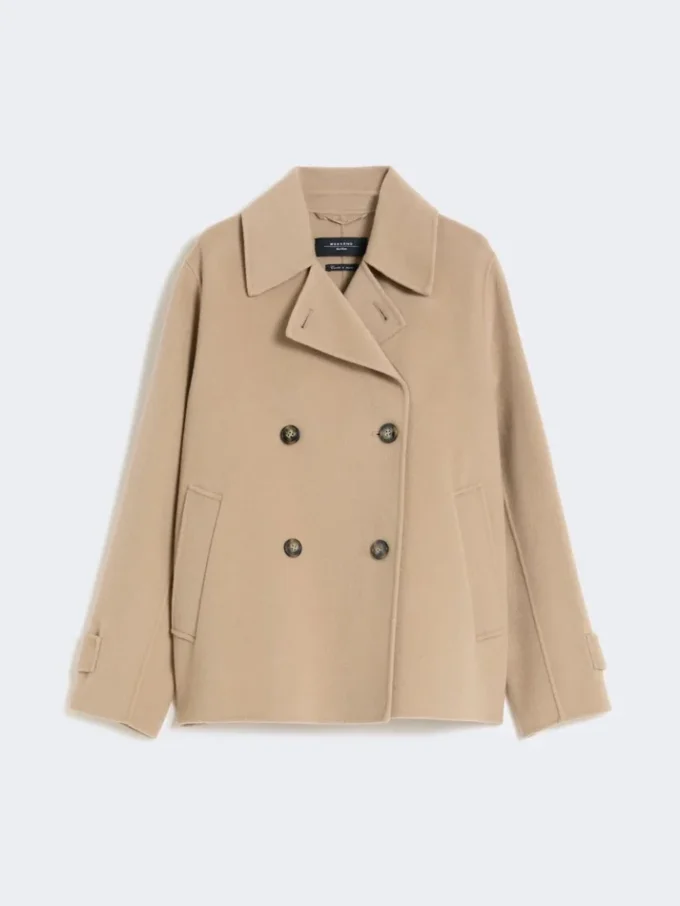 Double-breasted wool-blend pea coat, camel