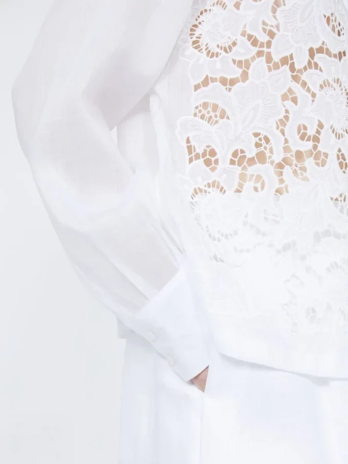 Embroidered ramie canvas boxy shirt, white