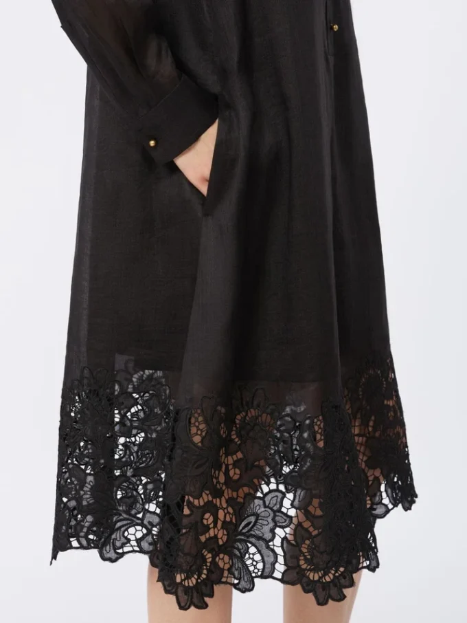 Embroidered ramie gauze shirt dress, black Embroidered ramie gauze shirt dress, black