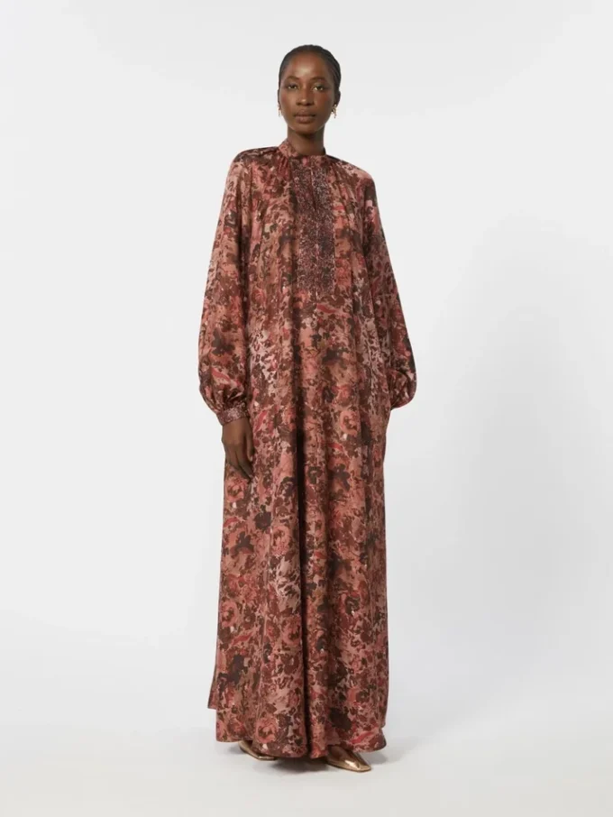 Flared printed silk dress, bordeaux Flared printed silk dress, bordeaux