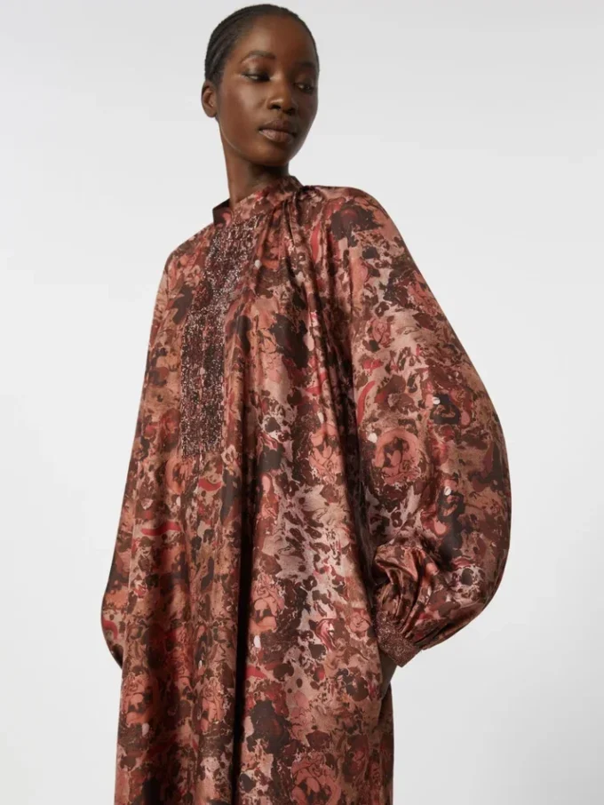 Flared printed silk dress, bordeaux Flared printed silk dress, bordeaux