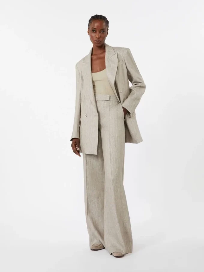 Herringbone linen twill trousers, beige