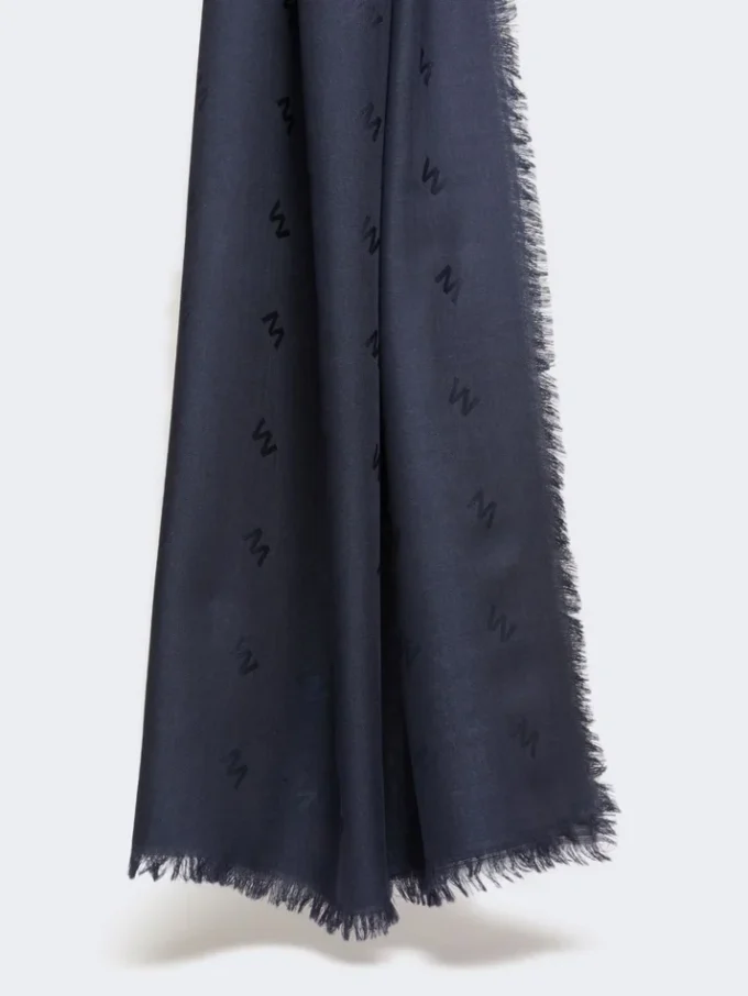 Jacquard-knit wool and silk shawl, midnightblue