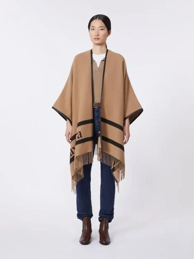 Jacquard wool poncho, camel Jacquard wool poncho, camel