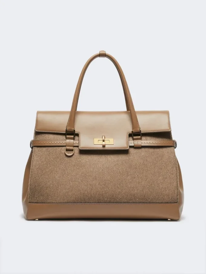 Large cashmere and leather handbag, brown