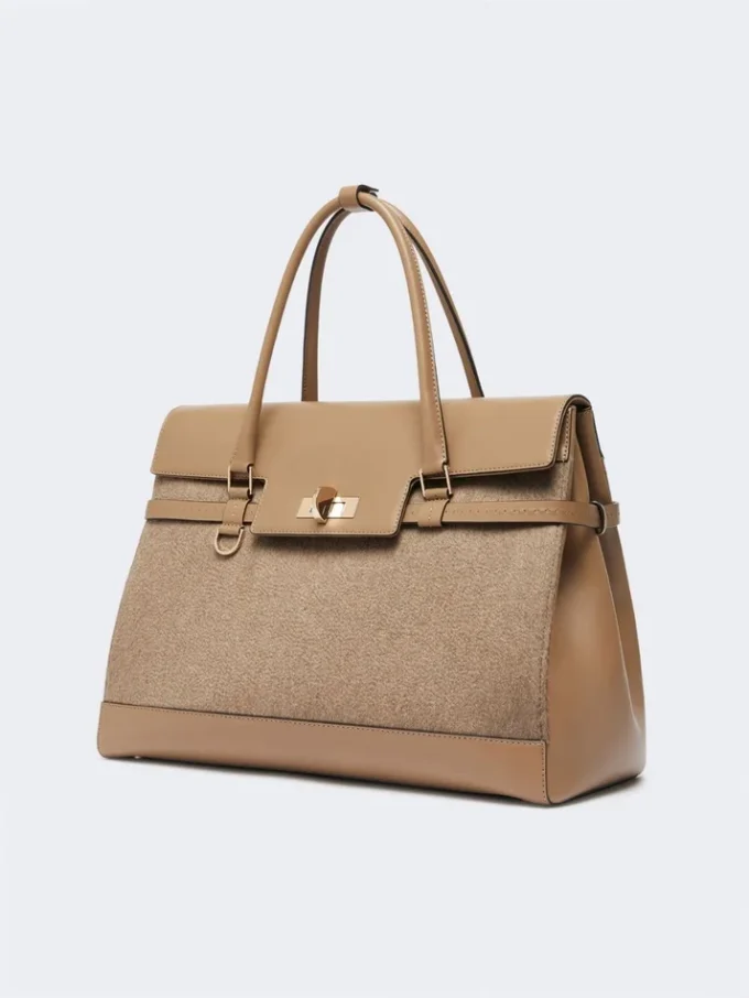 Large cashmere and leather handbag, brown