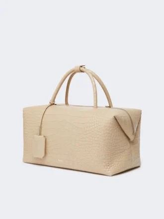 Large, crocodile-print leather boston bag, ice