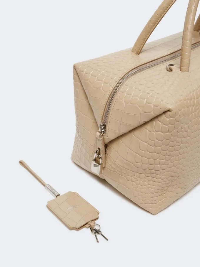 Large, crocodile-print leather boston bag, ice