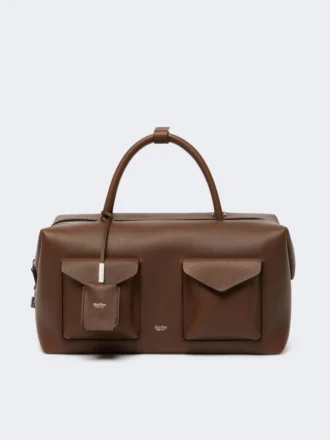 Large leather boston bag with pockets, brown