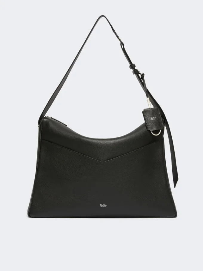 Large, low-sheen leather handbag, black