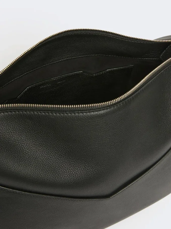 Large, low-sheen leather handbag, black