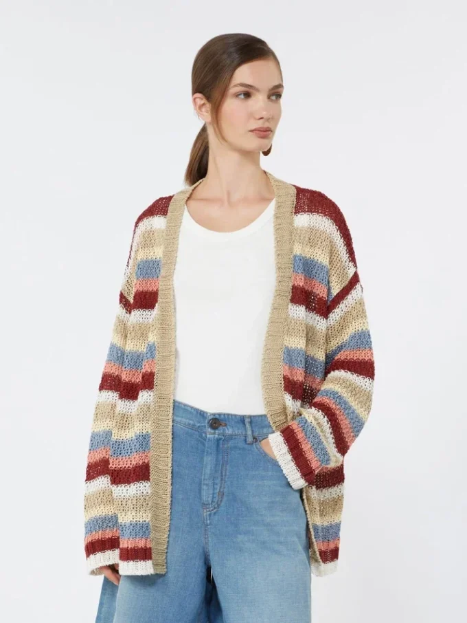 Linen yarn cardigan with belt, cherry Linen yarn cardigan with belt, cherry
