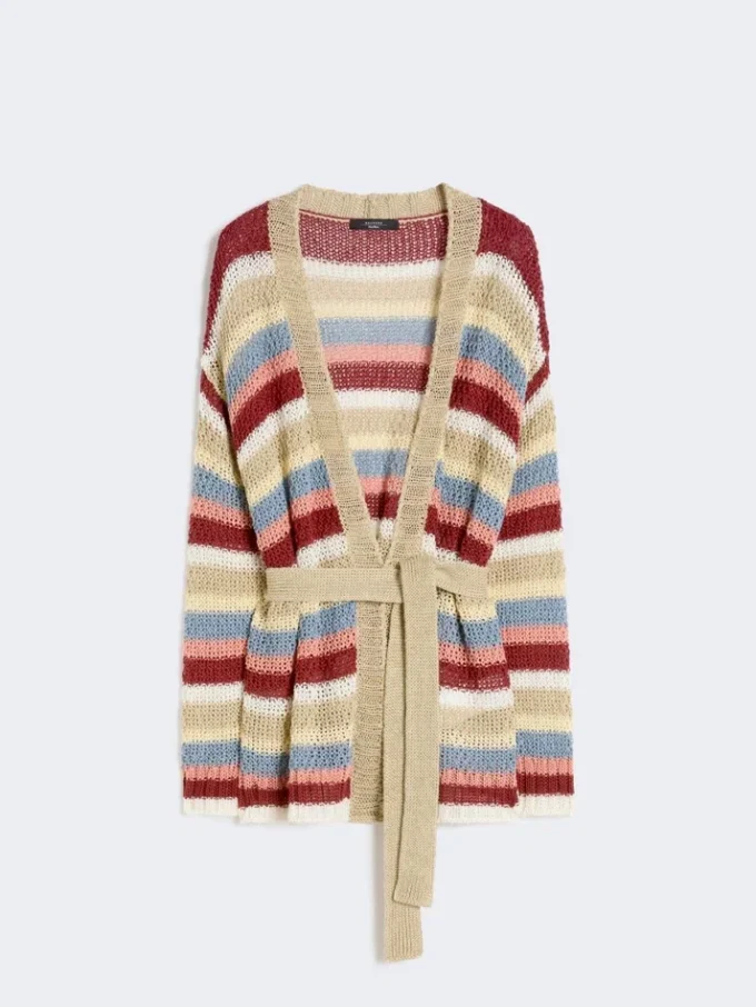 Linen yarn cardigan with belt, cherry Linen yarn cardigan with belt, cherry