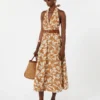 Long dress in printed poplin, caramel Long dress in printed poplin, caramel