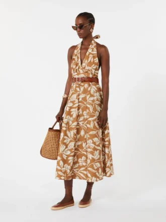 Long dress in printed poplin, caramel