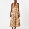 Long dress in printed poplin, caramel Long dress in printed poplin, caramel