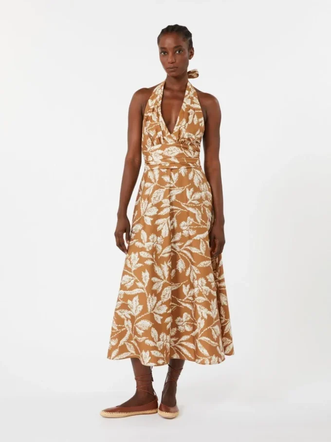 Long dress in printed poplin, caramel Long dress in printed poplin, caramel