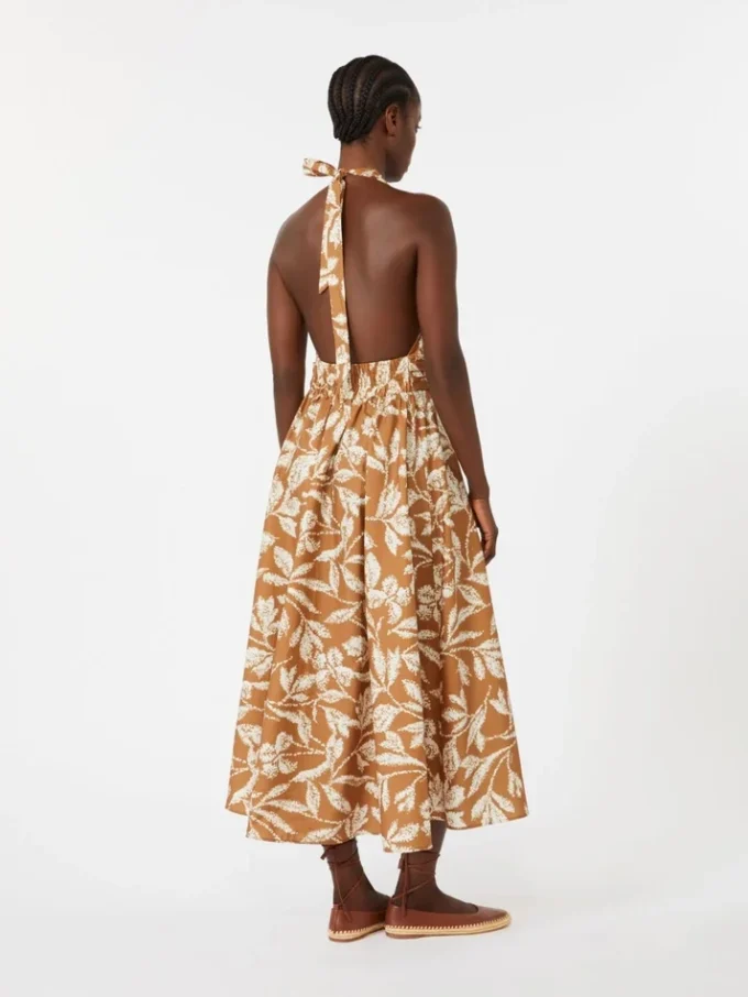 Long dress in printed poplin, caramel Long dress in printed poplin, caramel