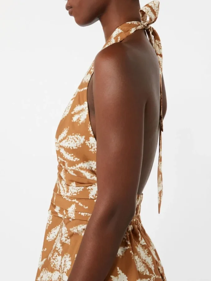 Long dress in printed poplin, caramel Long dress in printed poplin, caramel