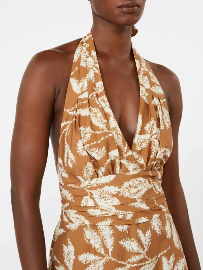 Long dress in printed poplin, caramel Long dress in printed poplin, caramel