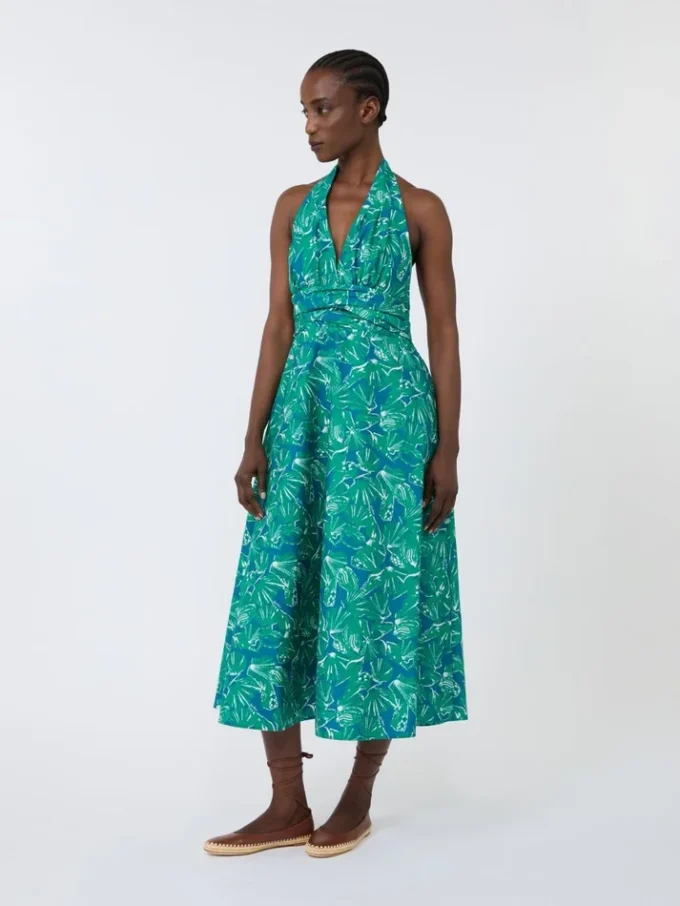 Long dress in printed poplin, emerald Long dress in printed poplin, emerald