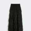 Long skirt with petals in silk organza, black