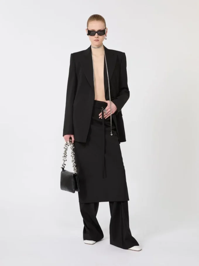 Long wool skirt with belt, black
